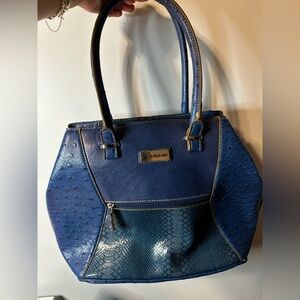 US Polo Assn Elegant Blue Ostrich Leather Handbag With silver hardware